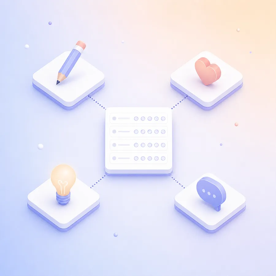 Four tiles with a pencil, a heart, a lightbulb and a speech bubble, each linked to one survey card