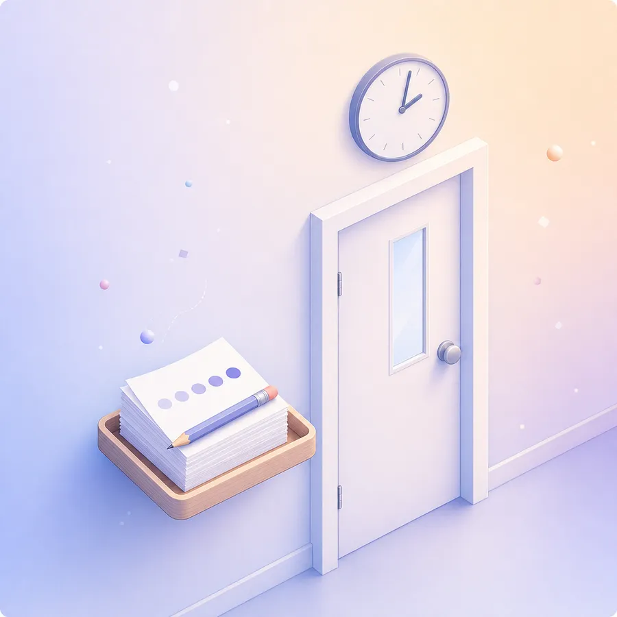 A stack of small exit slips with rating dots in a tray by a classroom door under a wall clock