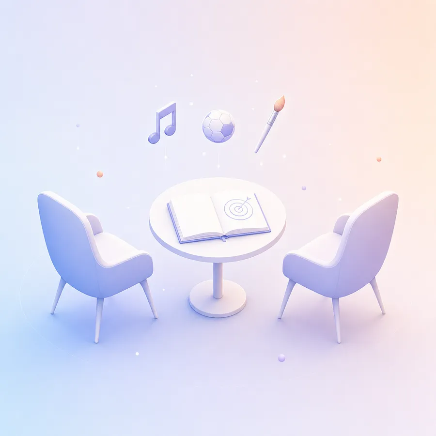 Two chairs at a small table with an open notebook showing a target, and interest icons floating above