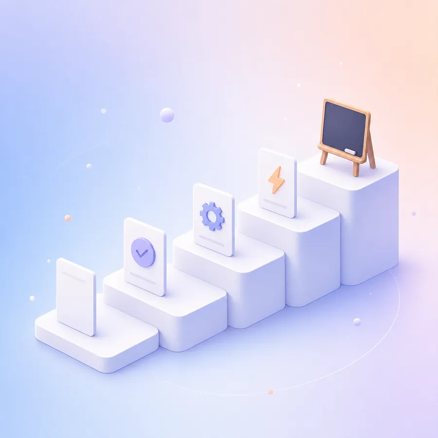 Five rising steps, each holding a task card for a higher skill level, with a small chalkboard on the top step