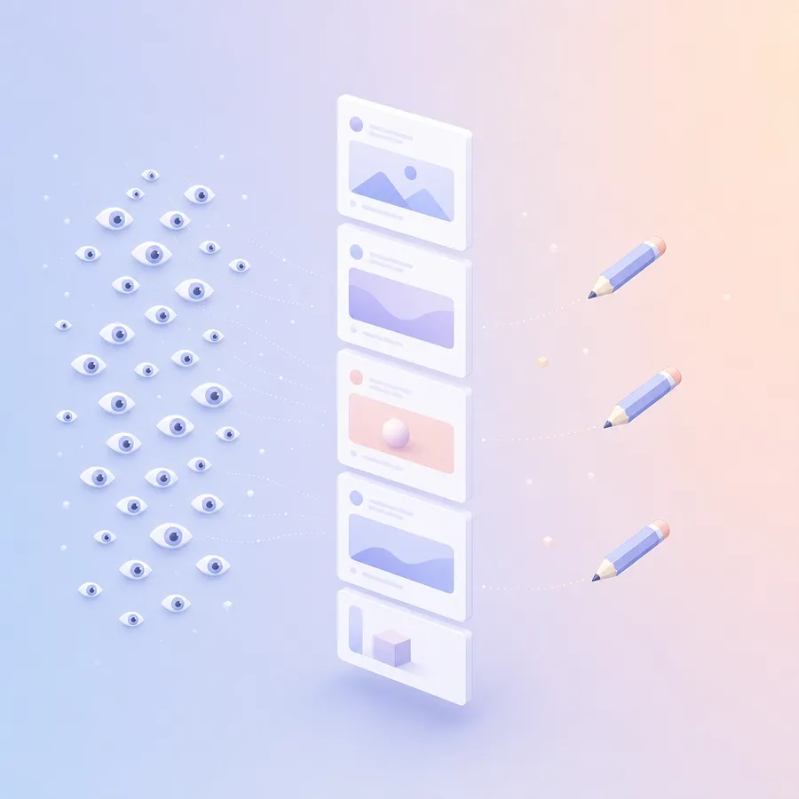 Many small eye icons on one side and a few pencil icons on the other, both linked to a feed of post cards