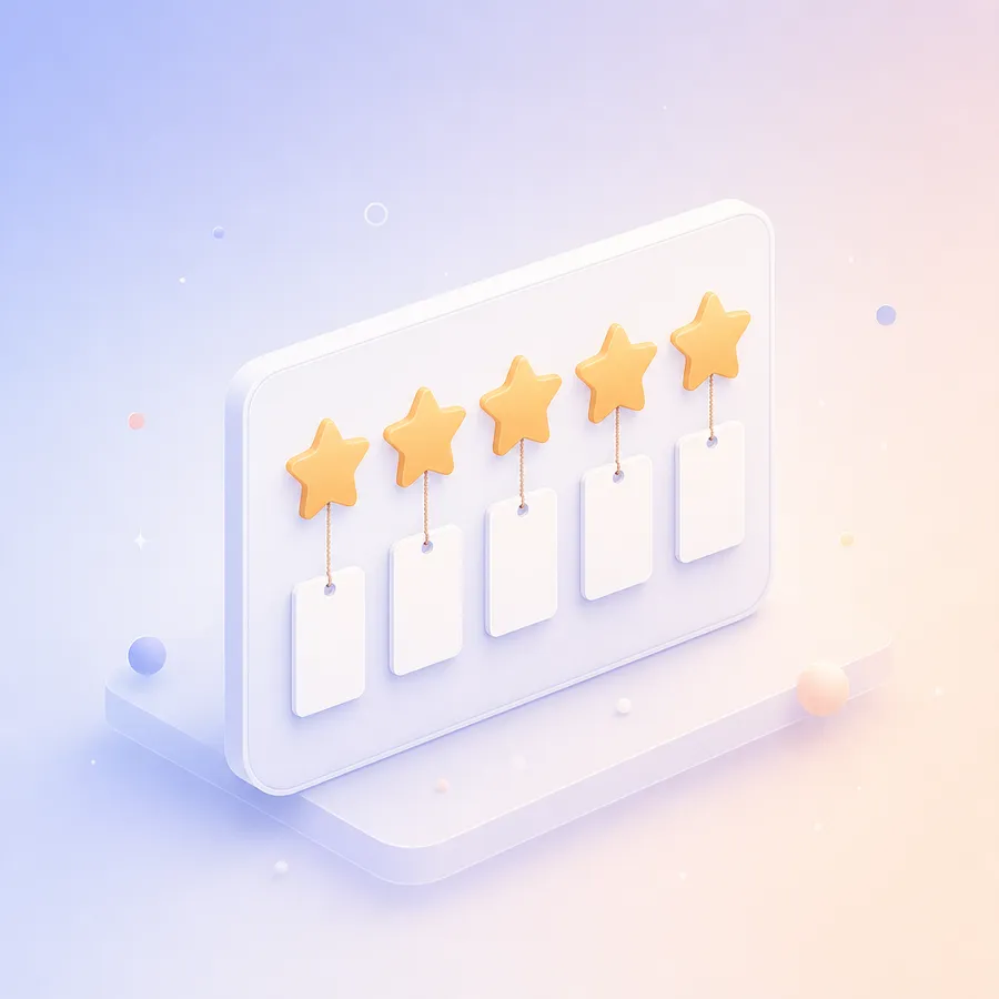 A row of five stars with a small blank word tag hanging under each star, the tags climbing in even steps
