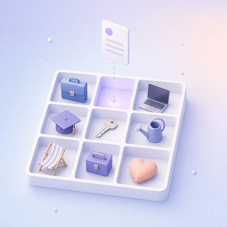 A sorting tray whose compartments each hold one object, such as a briefcase, a graduation cap or a house key, with a card dropping into the empty one
