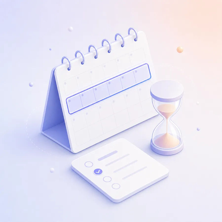 A calendar page with one week outlined, a small hourglass and a survey card with one ticked circle