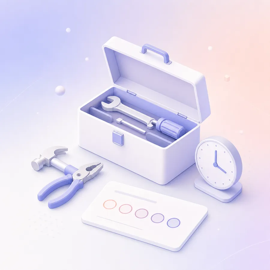 An open toolbox with tools laid out ready, beside a survey card with five rating circles and a small clock