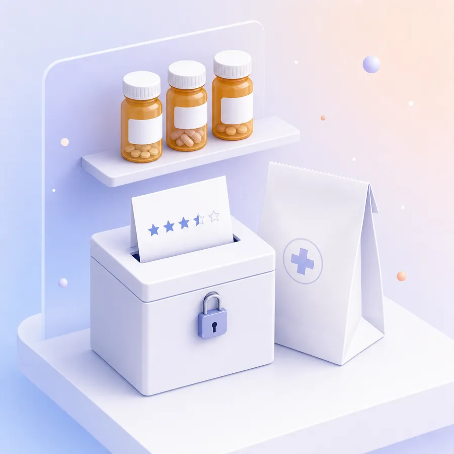 A locked survey box on a pharmacy counter with a star-rated feedback card in its slot, beside a white prescription bag and pill bottles on a shelf