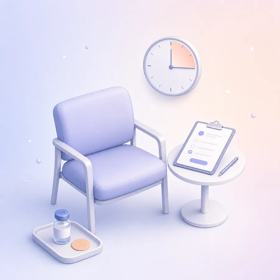 A waiting chair and side table with a clipboard survey, a wall clock marking a quarter hour, and a vaccine vial with a round bandage on a tray