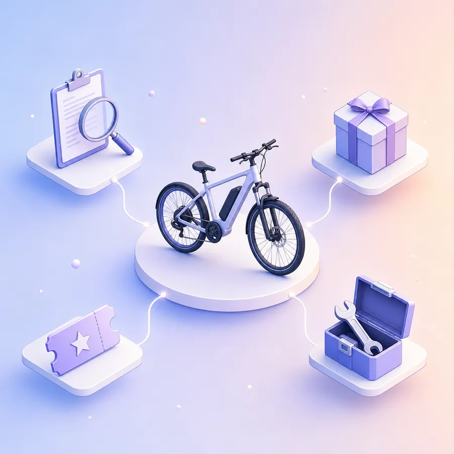 One electric bike at the center, with paths to four different pitches: a spec sheet under a magnifier, a premium gift box, an event ticket and an open toolbox