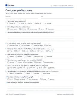 First page of the customer profile questionnaire PDF