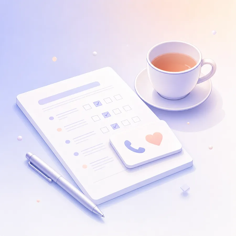 A printed questionnaire beside a cup of tea, with a small card showing a telephone handset and a heart resting on it
