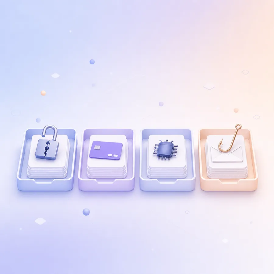 Four sorting trays in a row holding a broken padlock, a bank card, a small bug-shaped chip and a fishing hook on an envelope