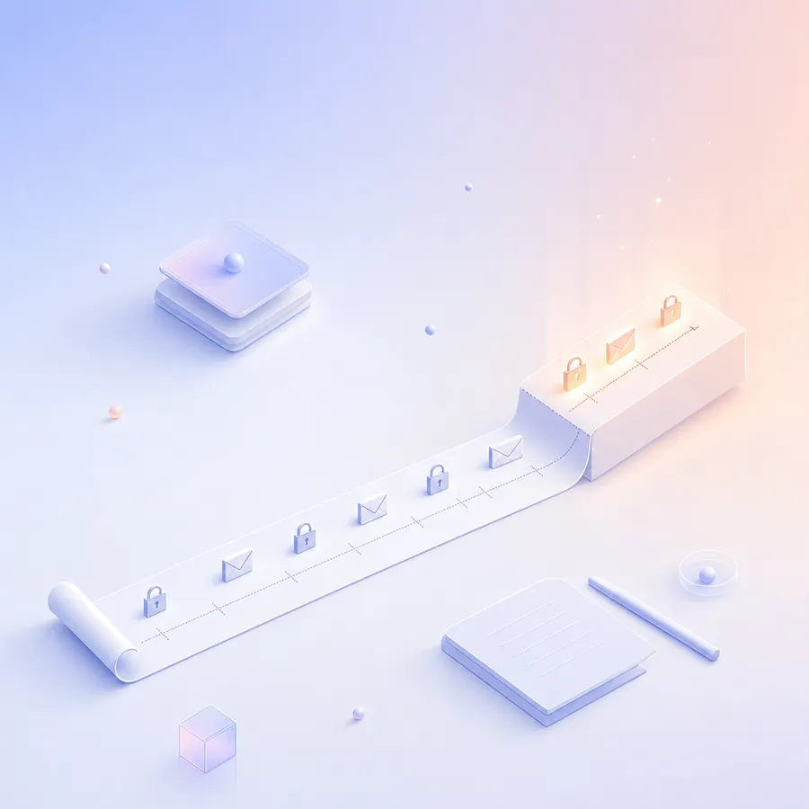A long paper timeline on a desk with its final twelve-month section raised and lit, and small padlock and envelope tokens along it