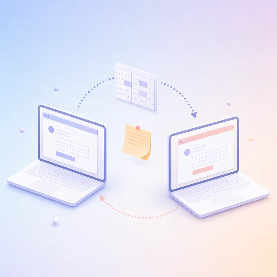 Two laptops showing the same form, with dotted arrows looping between them past a floating spreadsheet and a sticky note
