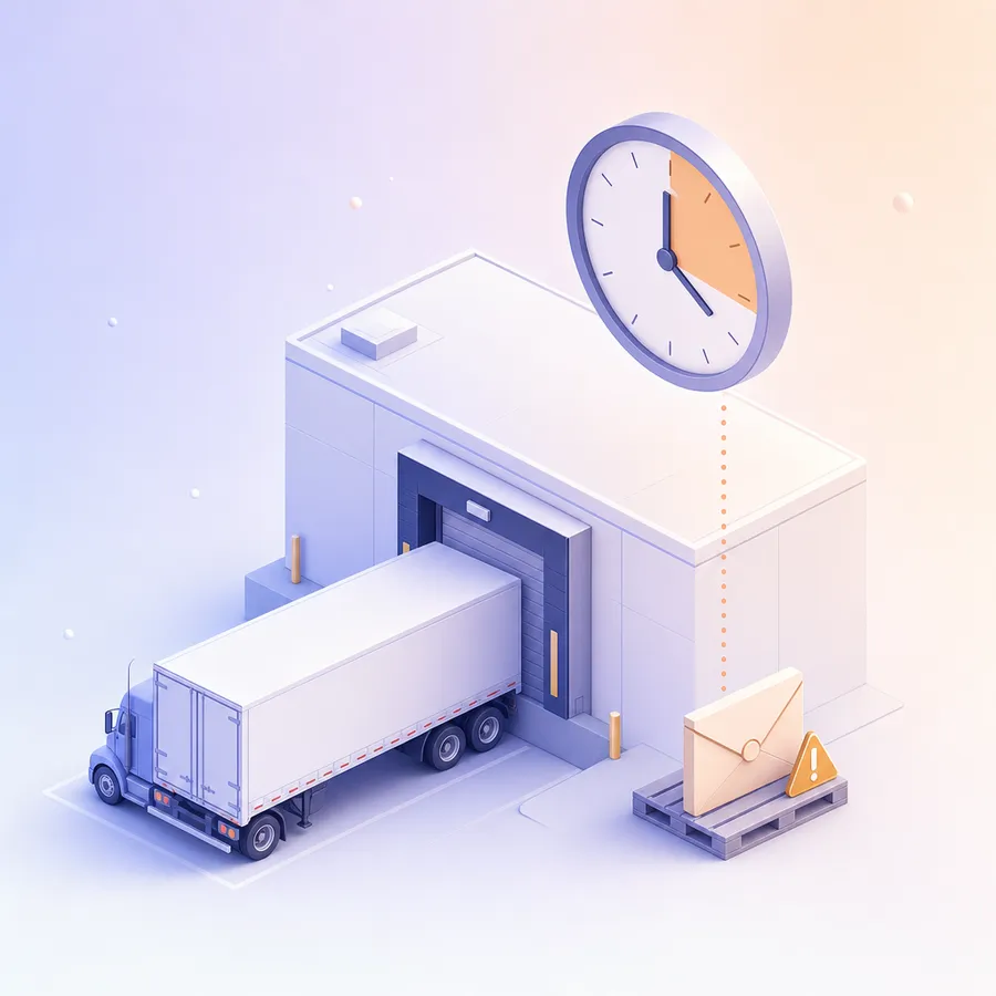 A truck parked at a loading dock beside a large clock and a pay envelope with a small warning mark, showing unpaid waiting time