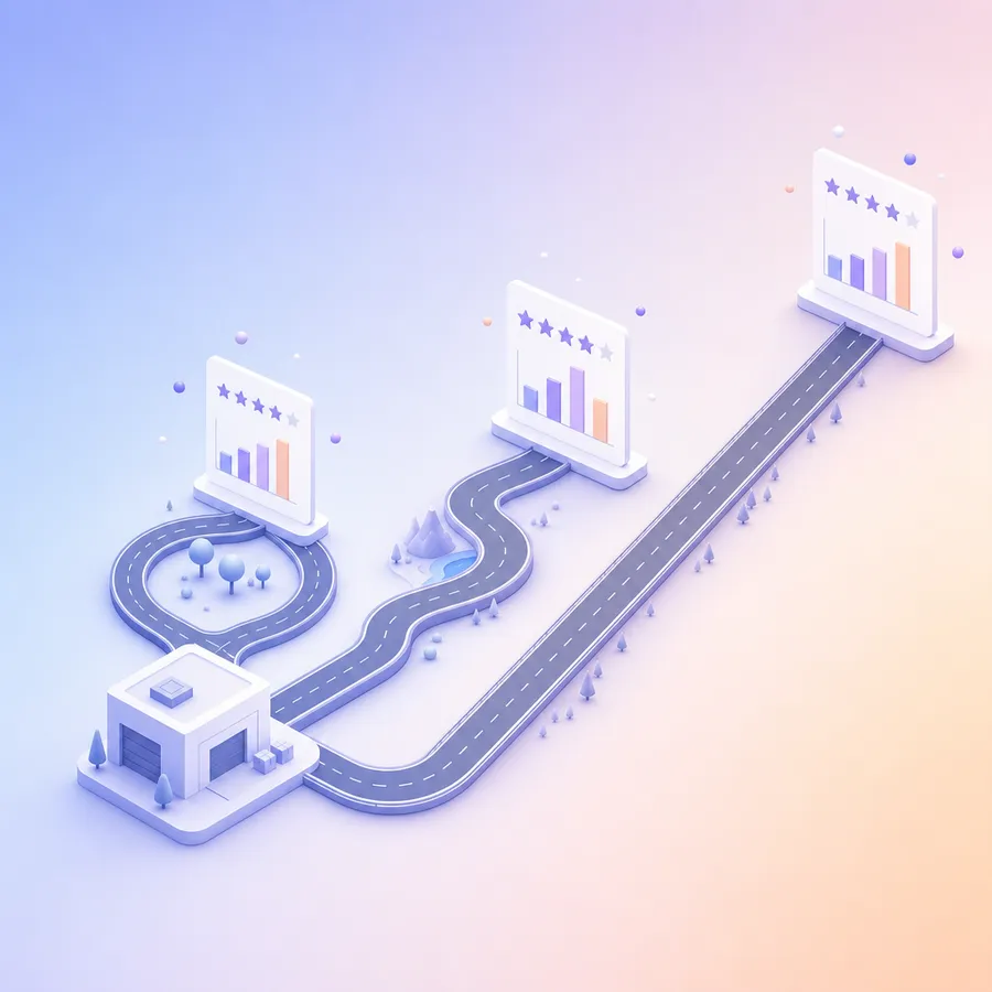 Three roads of different lengths, a short loop, a regional road and a long highway, each ending at its own small bar chart