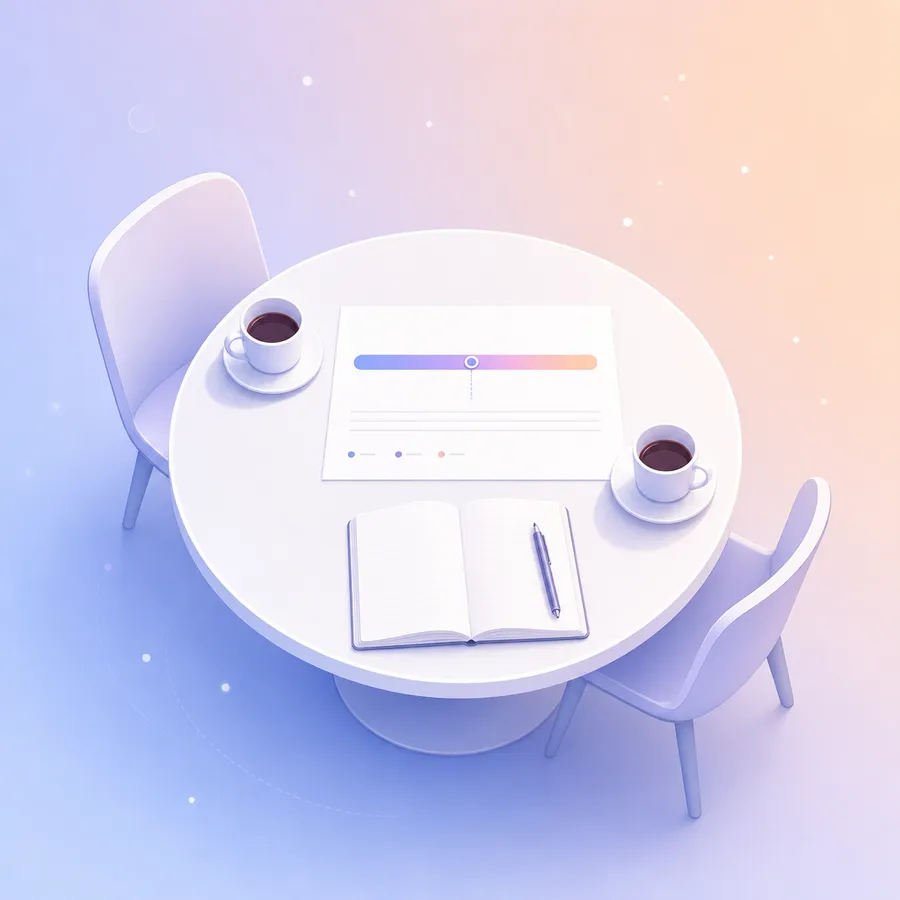 A printed pay range bar with a small marker on a meeting table between two coffee cups and an open notepad