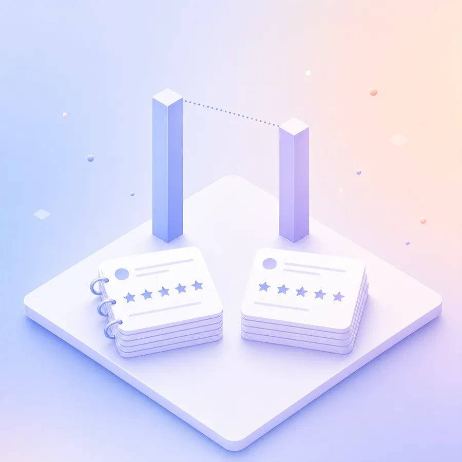 Two stacks of rating cards side by side, one bound with rings, each with a bar behind it; the bar behind the ringed stack is taller