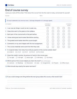 First page of the end of course survey PDF