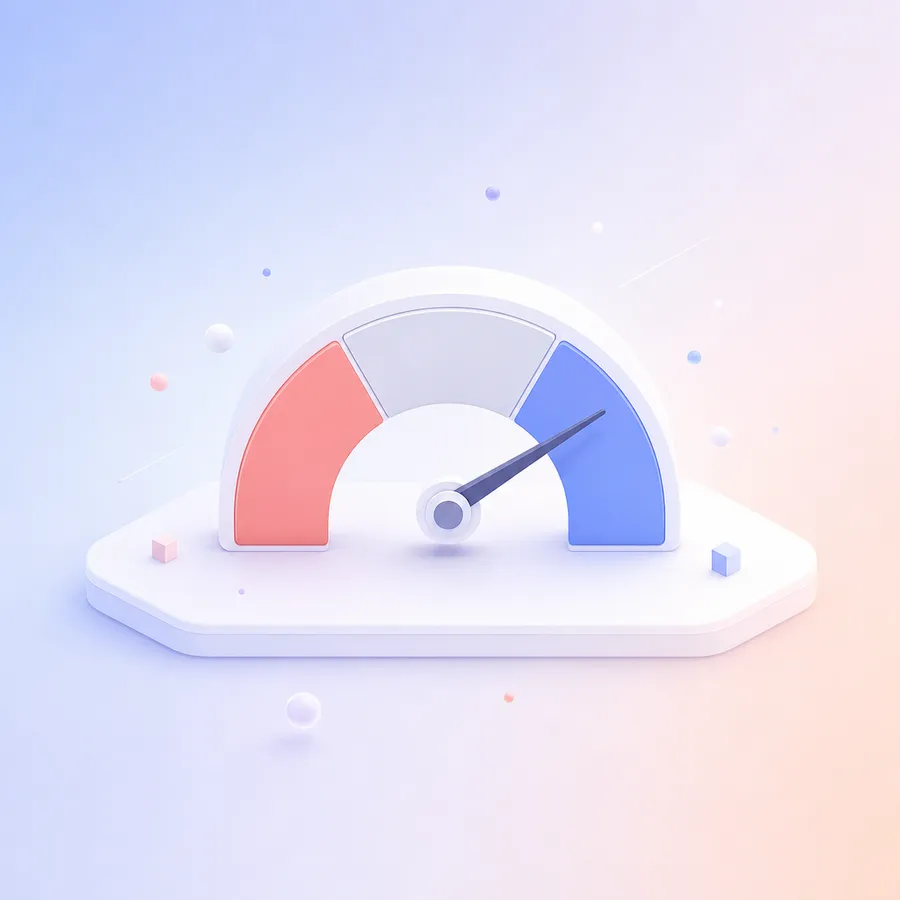 A semicircular gauge split into red, grey and blue segments with a needle pointing into the blue