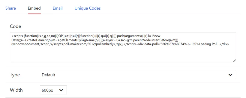 The Embed tab under Share: the embed code in a box, a Type menu set to Default and a Width menu set to 600px