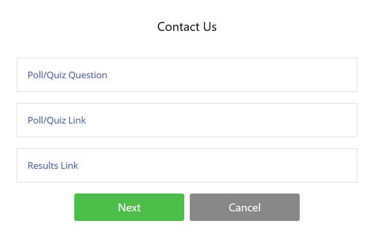 The Find a poll form from the Contact page, with boxes for the poll question, the poll link and the results link, and a Next button
