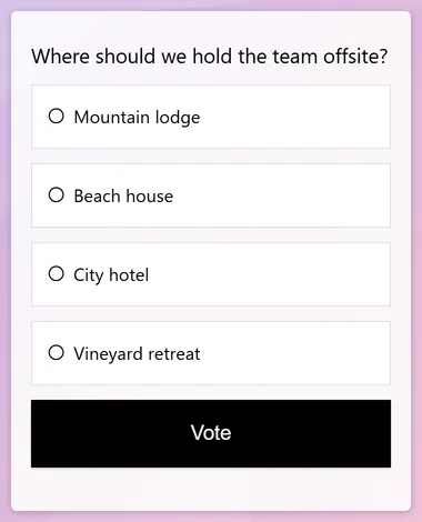 A poll opened from its link on a phone, showing the question, four answers with round buttons and a Vote button