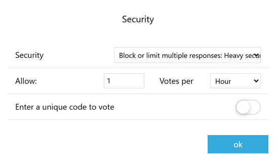 The Security settings of a new poll: Block or limit multiple responses at Heavy security, allow 1 vote per hour, and a switch for unique voting codes