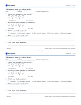 First page of the printable comment cards, two per page PDF