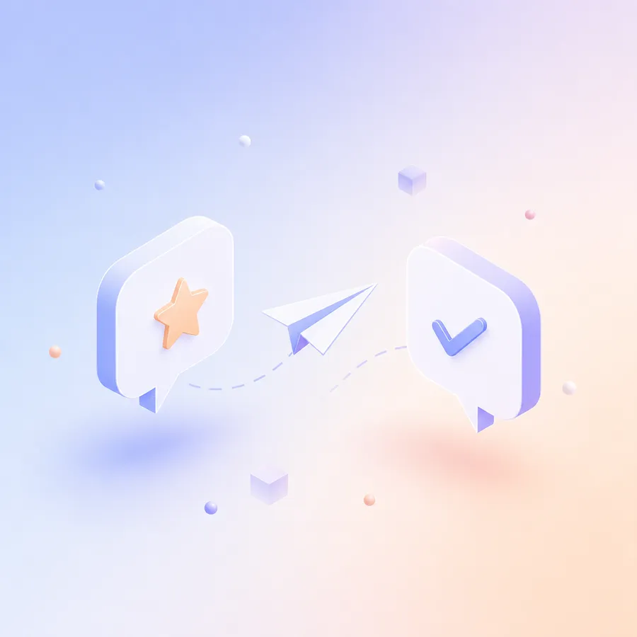 A speech bubble with a small checkmark answered by a second speech bubble, beside a paper plane