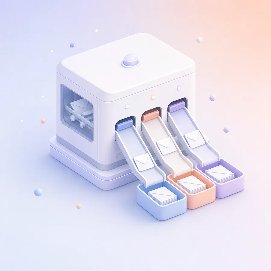Envelopes sliding down chutes into three labelled trays of different colours