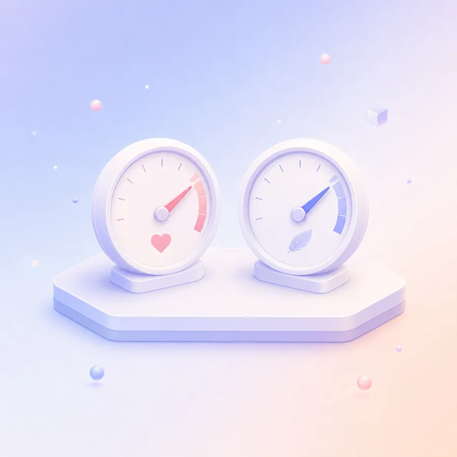 Two gauges side by side, one with a heart symbol and one with a feather, both needles in the upper range