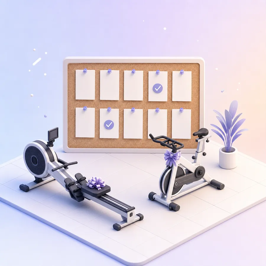 Suggestion cards on a pin board, two of them ticked, beside a new rowing machine and spin bike tied with bows