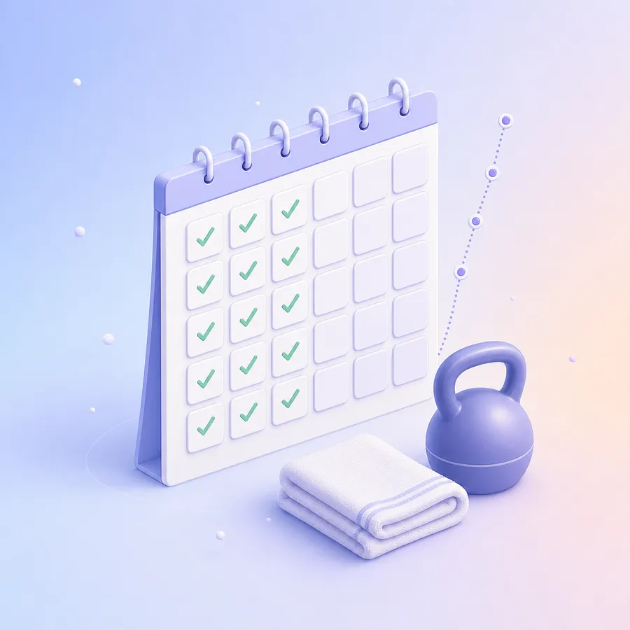 A wall calendar with training days ticked in every week, beside a kettlebell and a folded towel
