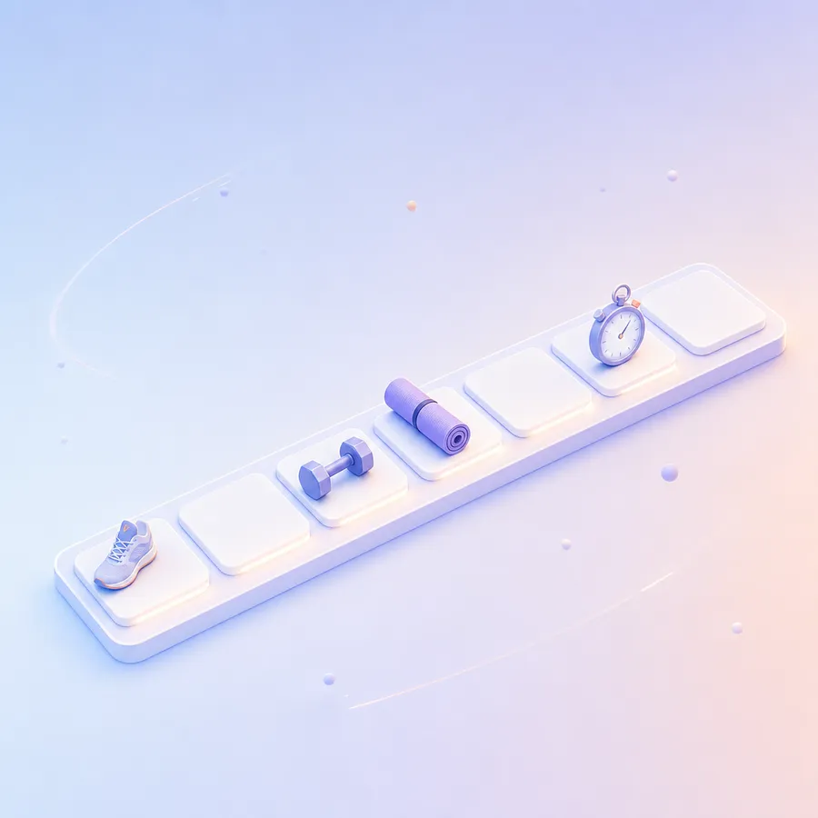 A row of day tiles holding a sneaker, a dumbbell, a yoga mat and a stopwatch, with rest days left empty