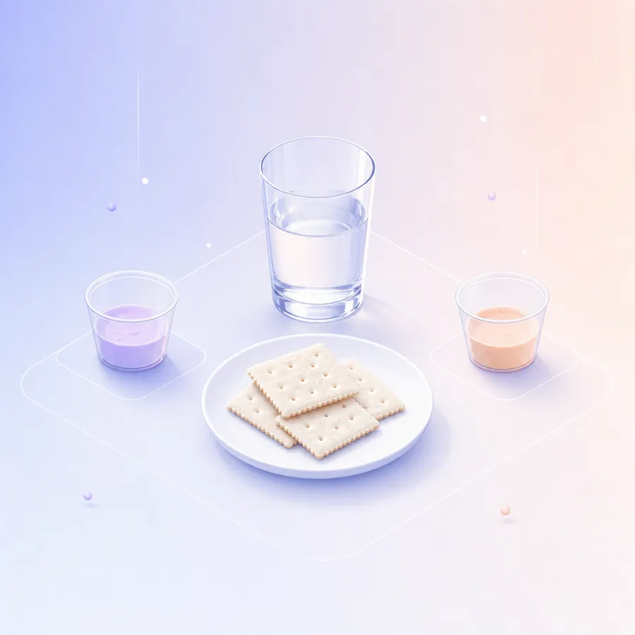 Plain water crackers on a small plate next to a glass of water between two tasting cups