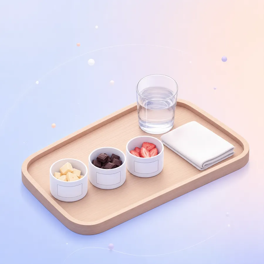 Three small tasting cups on a tray, each with a blank code label, beside a glass of water