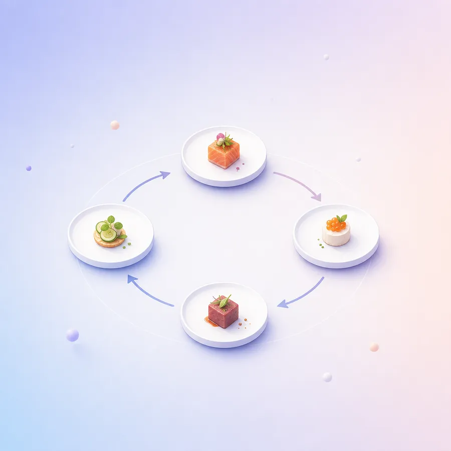 Four sample plates arranged in a ring with curved arrows showing the serving order rotating