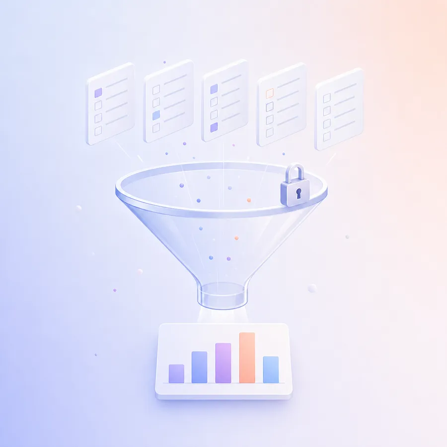 Many small answer cards flowing through a funnel and coming out as a single bar chart