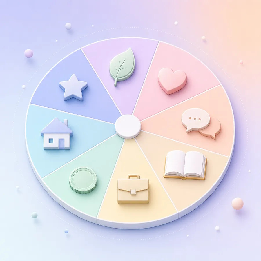 A wheel split into eight segments holding a leaf, a heart, two speech bubbles, a book, a briefcase, a coin, a house and a small star