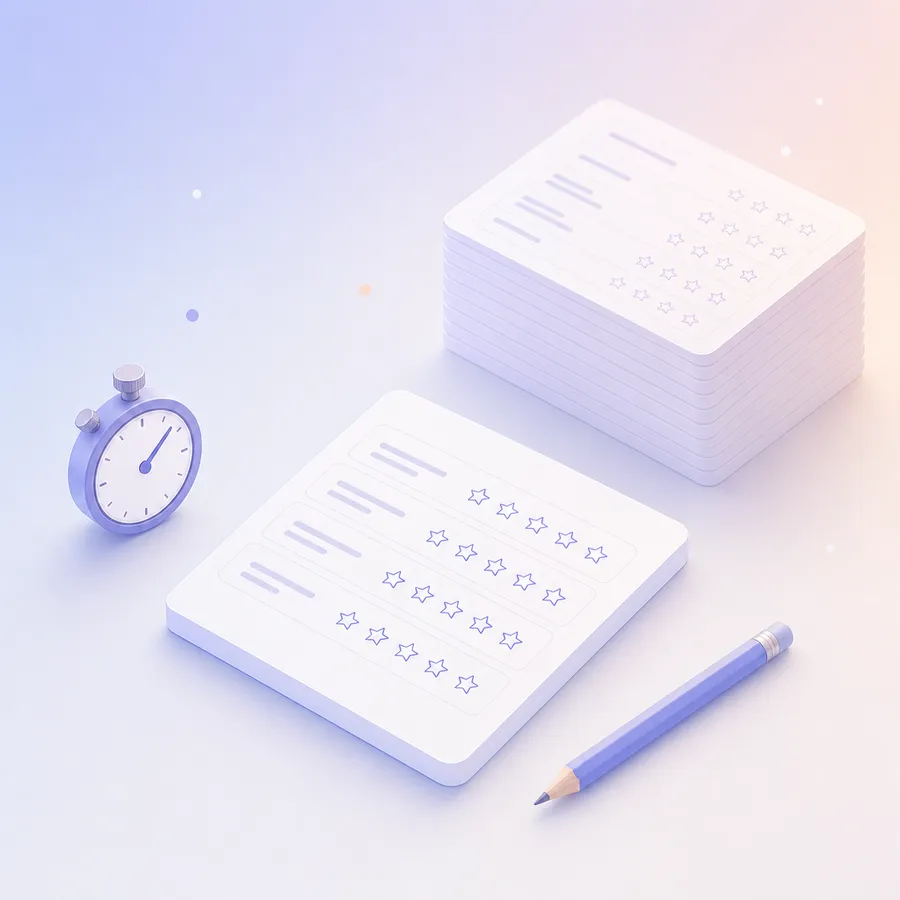 A short survey card with four rating rows beside a small stopwatch and a pencil