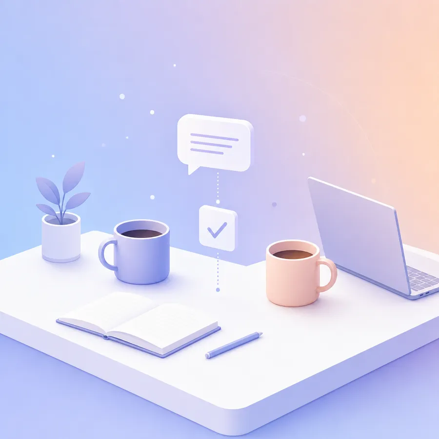 A desk with two mugs and an open notebook, with a speech bubble and a check mark card floating between them