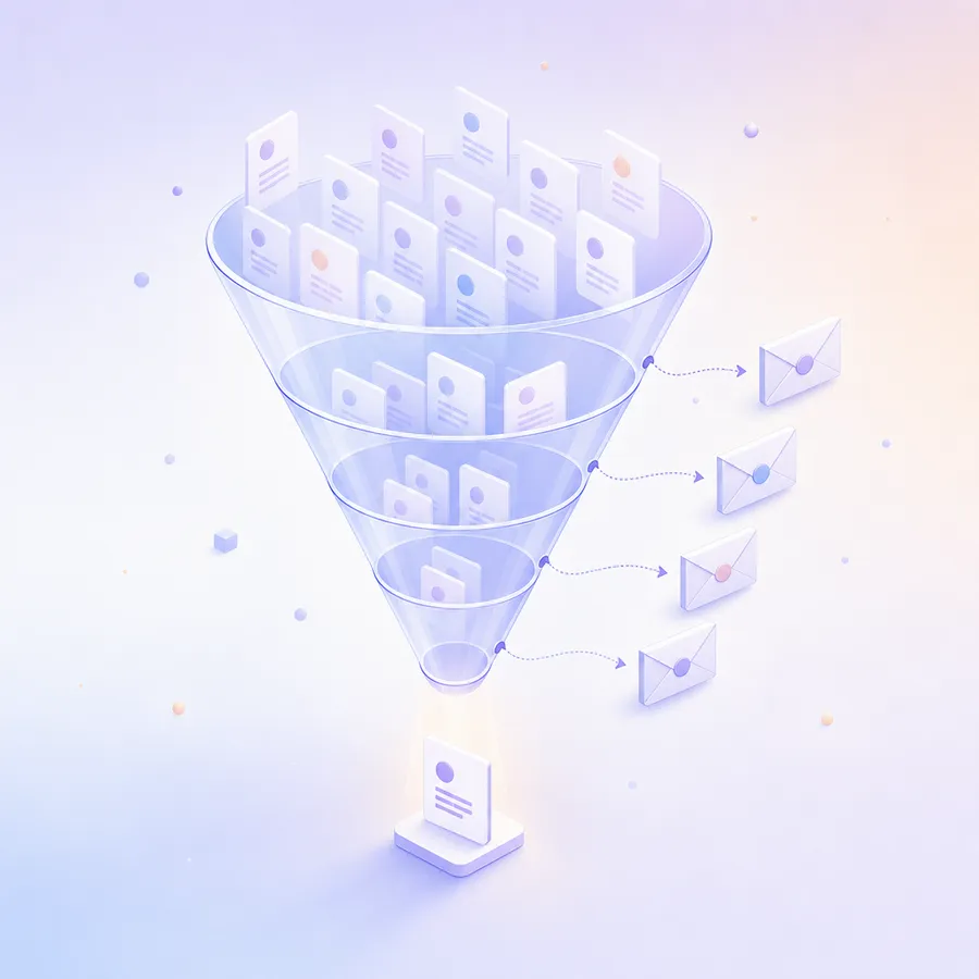 A hiring funnel full of application cards, with a feedback envelope going out from every tier, not only to the single card at the bottom