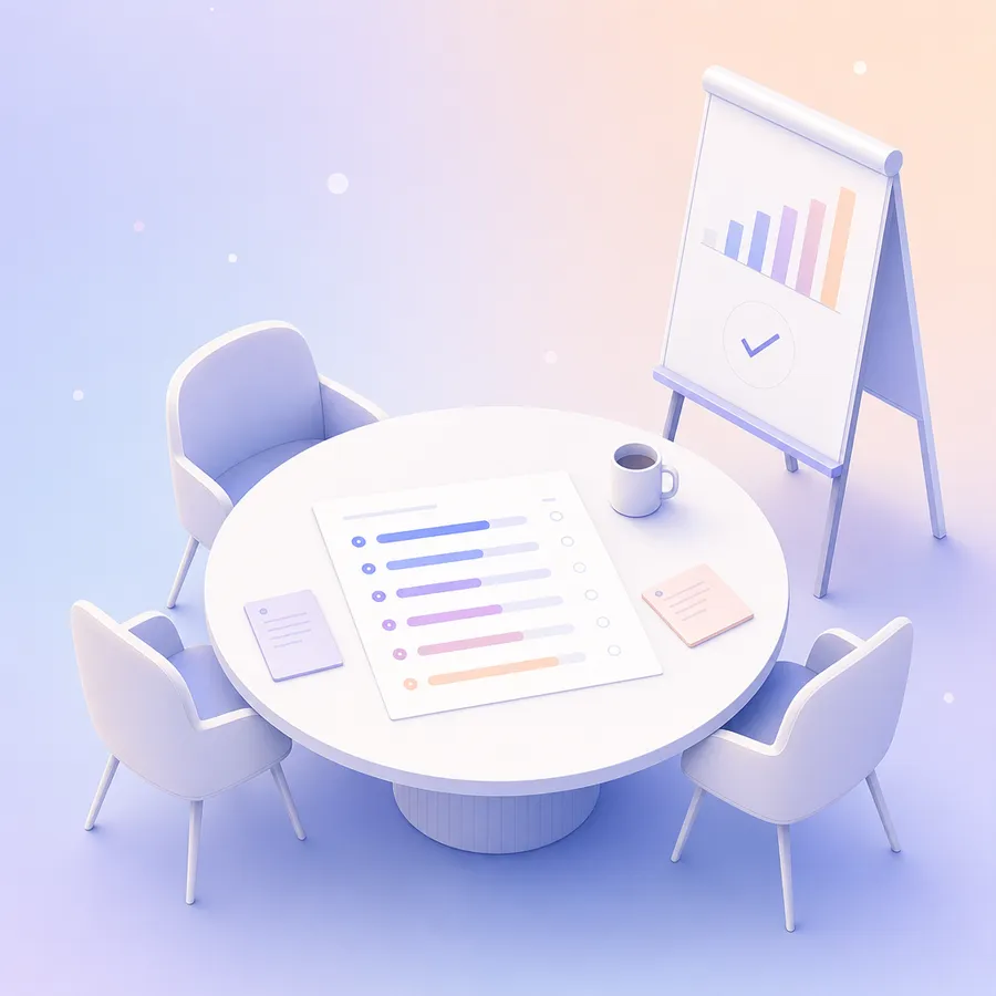 An empty meeting table set for a team discussion, with a printed sheet of agreement bars and a flip chart showing a bar chart and a check mark