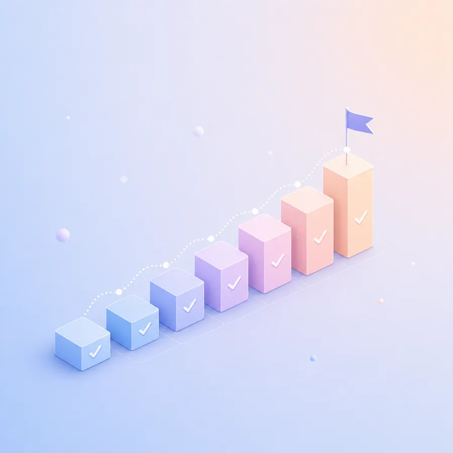 Seven blocks with check marks rising in steps toward a flag