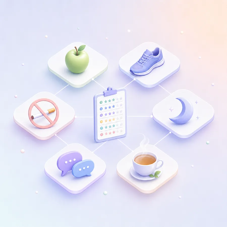 Six tiles around a rating clipboard: an apple, a sneaker, a crescent moon, a cup of tea, two speech bubbles and a no-smoking sign