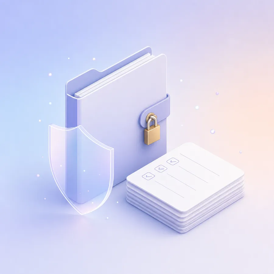 A closed document folder with a small padlock and a shield, beside a stack of blank answer cards