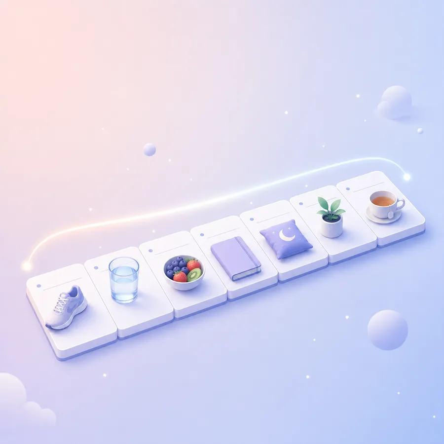 A strip of seven day tiles holding a sneaker, a glass of water, a bowl of fruit, a notebook, a moon pillow, a plant and a cup of tea