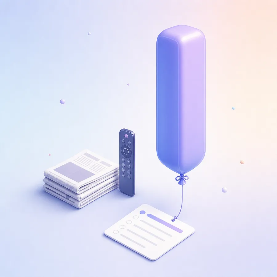 A small stack of newspapers and a remote control next to a much taller inflated bar tied to a survey card
