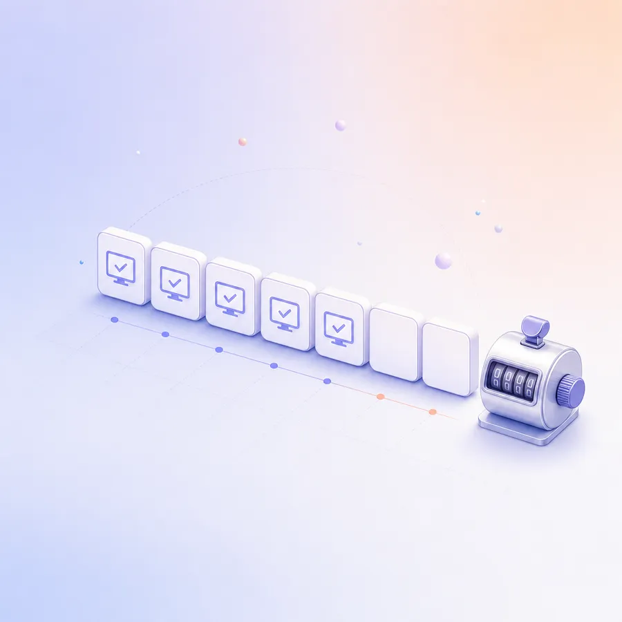 Seven calendar day tiles, five with a small screen icon and a tick, beside a hand tally counter