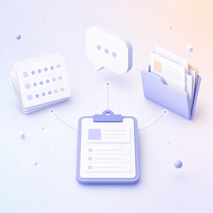 Survey cards, a speech bubble and a folder of records all feeding into one clipboard